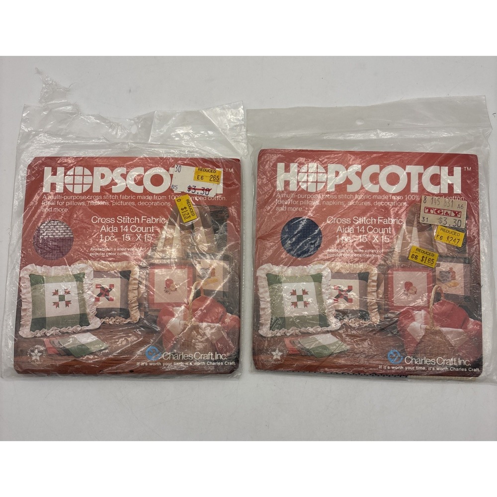 2- Charles Craft HOPSCOTCH RED & BLUE  Aida Counted Cross Stitch Fabric 15"x15"